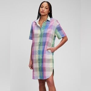 GAP Sz S Pastel Plaid Linen-Cotton Shirtdress Button-Up Pockets